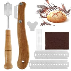 Nets Wooden Baking Bread Cutter Slashing Tools Stainless Steel Blades Bread Knife Slicer Cake Bakery Scraper for Kitchen Bread Lame