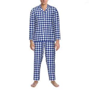 Casa roupas houndstooth impressão conjunto de pijama clássico azul branco kawaii pijamas masculino manga longa vintage sono 2 peças terno plus size 2xl