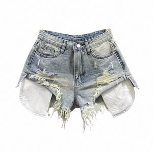 Korean vintage blå sexig rippade jeans för kvinnor lapptäcke a-line hög midja denim ultra shorts z5zy#