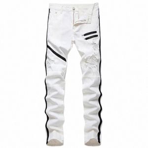 High Street Mens prosta dziura 2022 dżinsy Rozrywane dżinsowe spodnie Mężczyźni Hip Hop Zipper Designer Białe czerwone dżinsy 51um#