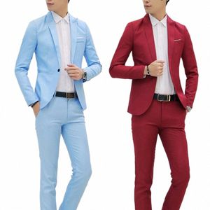 2PCS Mężczyzna Wedding Mężczyźni Suit Busin Fi Solid Color Butt Butt Lg Slime Blazer Suit Pants Suits dla mężczyzn V6HM#