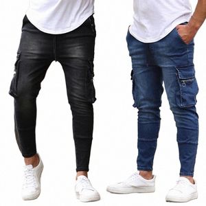 Nowe dżinsy Mężczyzn Pants W solidny kolor multi kieszenie jeansowe dżinsy w połowie tali