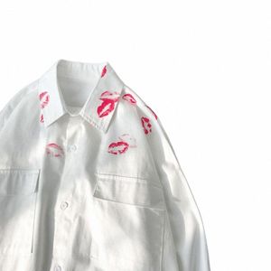Kuss Print Herrenhemd mit Druck Vintage Revers LG Ärmel weißes Hemd Mantel Casual Männer Shirts für Männer Kleidung Harajuku Bluse y0Fe #