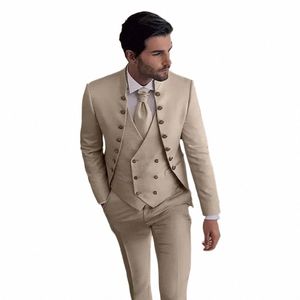 High Street 3 -stycksjacka byxor Vest Stand Lapel Single Breasted Beige Formal Tuxedo Wedding Blazer Full Set Elegant Clothing 55xd#