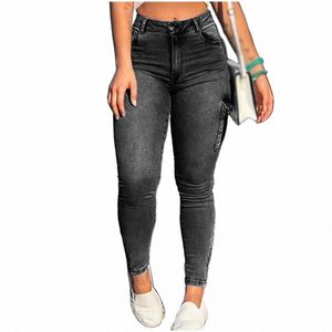 Plus Size tasche patchwork slim fit jeans cargo 3XL vintage streetwear vita alta zip orlo elastico skinny denim pantaloni a matita R3rm #