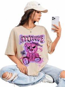 spring Womans Cott Attitude Be Your Self Bear Graphic Prints Tees Fi Female Short Sleeve Clothes Comfortable Streetwear x0Vi#