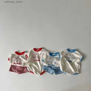 T-shirts 2023 sommar ny baby söta istryck kläder set spädbarn pojke kort hylsa t shirt 2 st set bomull baby flicka pläd shorts set24328