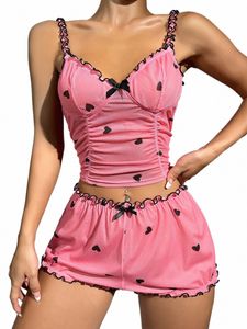 Sexy pijama feminino 2pcs conjunto shorts terno impressão roupa interior pijama lingerie camisolas tanques nighty senhoras loungewear homewear 81Yj #