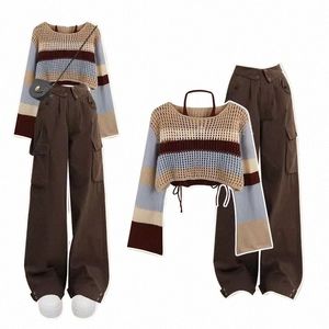2023 Primavera Outono Camisola Halter Sling Cargo Pants 1 ou 3 Piece Set Mulheres Casaul Multi Stripe Knit Tops Colete Calças Outfits l0bZ #