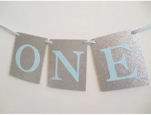 Party Decoration Handmade Silver Blue Glitter Paper Birthday Banner One First Flag Po Props