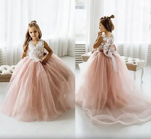 Lace Flower Girl Dress Bows Children's First Communion Dress Princess Tulle Ball Gown Wedding Party Dress