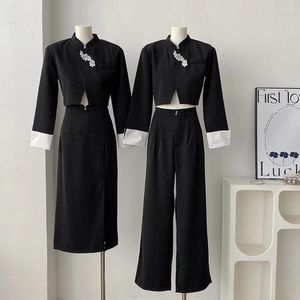 Women's Two Piece Pants Women Vintage Chinese Pant Suit Jacket Coat Crop Top And Trouser Skirt Set Matching Outfit 2024 Outwear Clothing