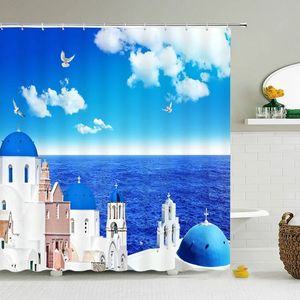 Mediterranean Ocean Beach Shower Curtains Tropical Plants Sea Shell Bathroom Waterproof Polyester Home Bath Curtain With 12 Hook 240328