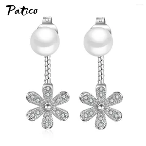 Dangle Earrings Vintage Style Simulated Pearl Flower 925 Sterling Silver Cubic Zirconia Drop Elegant Korean Fashion Women Jewelry Gifts