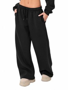 Kvinnors avslappnade joggar Sweatpants Solid Color DrawString High midje breda benbyxor W0PJ#