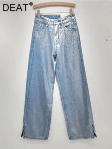 Kvinnors jeans höga midja silverbelagd rak bred ben split lös kvinnliga denim byxor 2024 vår mode 29l6692