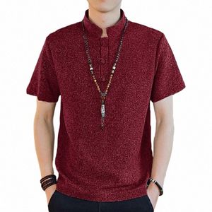 2024 Koszule męskie stały kolor stojak na stojak z krótkim rękawem Summer Casual Men Ubranie streetwear chiński styl koszulki S-5xl L6WH#