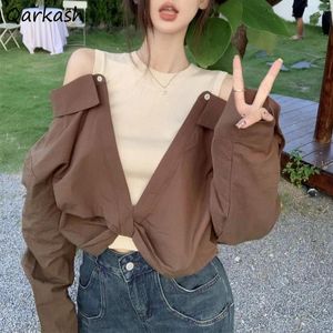 Women's Blouses Long Sleeve Shirts Women Vintage Contrast Color Off Shoulder Knitted Tops Spliced Buttons All-match Casual Soft O-neck