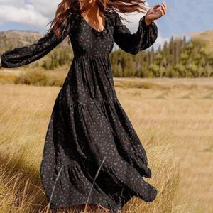 Kwiatowy szyfon moda Wysokiej jakości sukienka maxi boho kobiety vneck retro wakacje wolne od długiego rękawu Temperament Lady Robe 240322