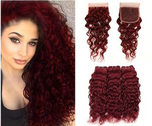 99j Wine Red Human Hair Bundles With Lace Closure Burgundy Water Wave Hair Extensions With 4x4 Lace Top Closure 4PcsLot7227340