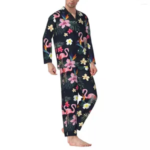 Startseite Kleidung Tropische Vögel Nachtwäsche Herbst Flamingo Print Lässige übergroße Pyjama-Sets Mann Langarm Schöne tägliche individuelle Nachtwäsche