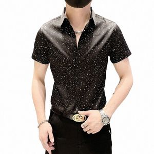 2023 verão camisas de manga curta homens dot impressão magro ajuste camisas casuais busin formal dr camisas festa social smoking blusa n1gT #