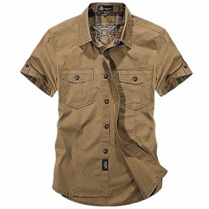 fi Cott Casual Shirts Summer Men Plus Size Loose Baggy Shirts Short Sleeve Turn-down Collar Military Style Male Clothing l27D#