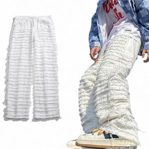 American Street Hip-Hop Heavy Industry Ripped Men's Jeans 2023 Spring Straight Loose Vibe Style Skateboard White Fleared Pants K0RJ#