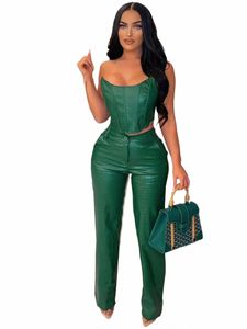 cm.yaya Faux Leather Women's Set Sleevel Zipper Fly Crop Top and Wide Leg Pants 2024 PU Two 2 Piece Sets Outfits Tracksuit k4gr#