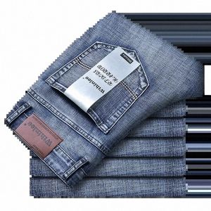 Outono inverno vintage busin jeans masculinos finos casual estiramento reto fi clássico trabalho denim calças masculinas roupas de marca c5ph #