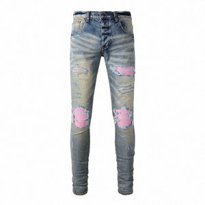 Street Fi Homens Jeans Retro Wed Azul Elástico Stretch Skinny Fit Rasgado Jeans Homens Rosa Remendado Designer Hip Hop Marca Calças Y16N #