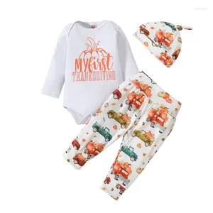 Clothing Sets Baby Boys Girls My 1st Thanksgiving Outfits Turkey Cartoon Pattern Romper Bodysuit Pants Hat 3Pcs Fall Clothes Set