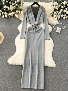 Casual Dresses Foamlina Deep V Swinging Neck Long Sleeve Women Dress Elegant Silver Shinny Slim Fit Evening Party Maxi Vestidos de Mujer