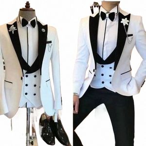 Slim Fit белые мужские костюмы 3 шт. Смокинги для жениха на свадьбу Жених в итальянском стиле Пиджак с двубортным жилетом и брюками K1zX #