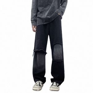 2023 Темная уличная одежда Лоскутные прямые мешковатые джинсы Широкие брюки для мужской одежды Хип-хоп Свободные черные брюки Ropa Hombre 91Sv #