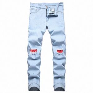 lapptäcke rippade mäns jeans smala fi hip hop manliga stretch byxor hålfärg dot casual denim byxor streetwear 69vm#