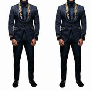 Czarni Jacquard Men Suit Dostane 2 sztuki 2 sztuki Blezer Spods One Butt Gold Appliques Wedding Groom Busin Causal Prom Tailored L4I3#