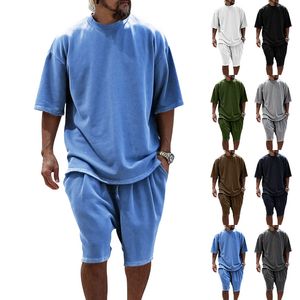 2024 new summer suit men's solid color round neck t-shirt short sleeved shorts loose fitting sportswear set