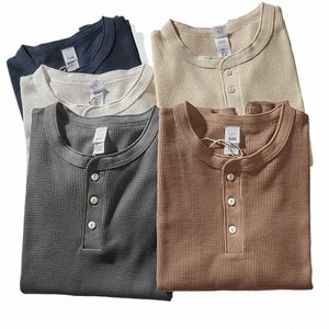 Höst- och vinteramerikansk retro 260G våffla stickad Henry Collar T-shirt Men's fi lg-ärmad lös casual bottoming tops n8hu#