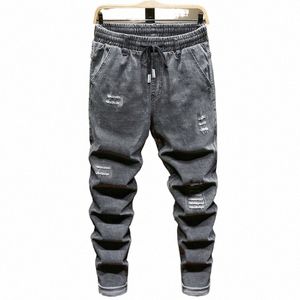 2023 Spring New Men's Large Size Ripped Grey Jeans DrawString Design Stretch Denim Pants Mane Brand 5xl 6xl 7xl 8xl 9xl 10xl l3ni#