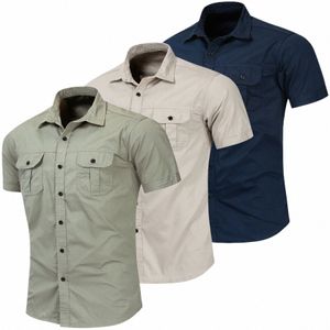 2023 Verão New Fi Homens Manga Curta Cor Sólida Camisa Militar Casual Carga Trabalho 100% Cott Bolso Camisas Masculino Tops Simples B8cs #