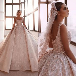 Abito da sposa con fiori 3D retrò Abito da sposa con colletto quadrato Abiti da sposa personalizzati senza spalline realizzati senza maniche Royal Train Vestido De Novia