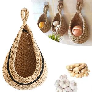 Cestas penduradas saco de armazenamento macio cesta de suspensão artesanal juta waterdrop cesta de parede estilo boho rústico para frutas legumes cozinha