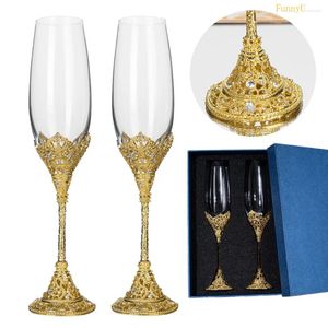 Copos de vinho 1-2pcs casamento brindando flautas conjunto bebida taça copo cristal champanhe base de metal com pedras decoração oca