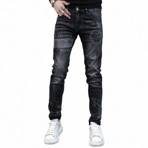 Spring Autumn Jean Men Original Stretch Skinny Slim Korean Style Manlig Casual Cargo Printing Cowboy Designer Klädbyxor 03im#