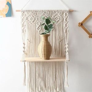 Tapestries Macrame Hung Shelves Wood Floating Plant Shelf Wall Boho Rustic Decor White Organizer Handmade Woven Rope Bohemian