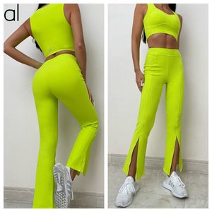 AL-152 Novas leggings alinhadas Sutiãs femininos Top + Calças Fishtail divididas Conjuntos femininos esportivos Conjuntos de ioga Calças femininas com almofada no peito sem mangas apertadas alça larga top fitness