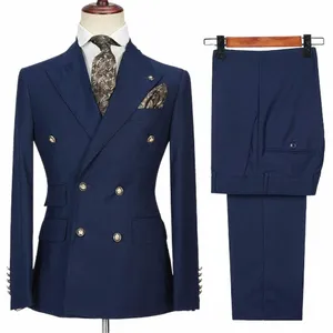 Blue Blue Men Suits Slim 2 -Place Fi Peak Lapel podwójnie piersi męski garnitur Busin Casual Wedding Tuxedo Blazer z spodniami 46r#