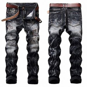 Denim Jeans European och American Old-Fied Straight Design Bra G Men's Ripped ND Trendy Hole Stitching P0XA#