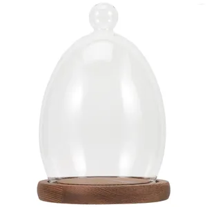 Bottiglie di stoccaggio Coperchio in vetro per uova Fiore artigianale Decorazione per desktop Cupola con base in legno trasparente Supporti per cupcake Vaso Paesaggio in legno antipolvere